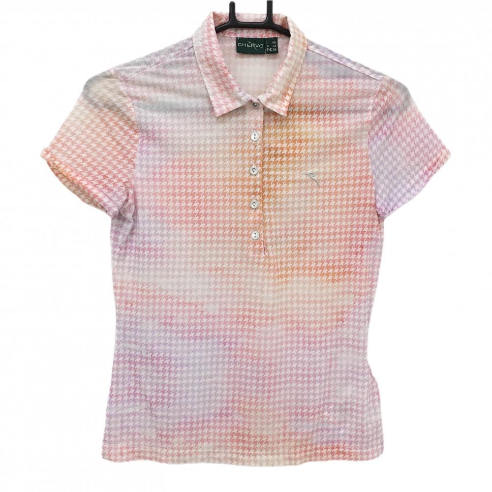 【超美品】シェルボ 半袖ポロシャツ ピンク系×白 千鳥柄 薄手 ロゴ刺しゅう レディース USA-XS4 ゴルフウェア CHERVO