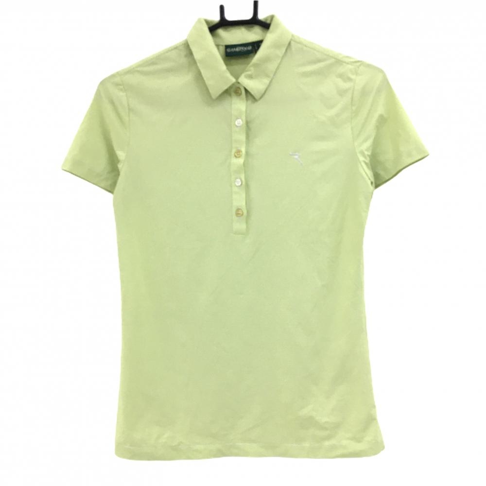 【美品】シェルボ 半袖ポロシャツ ライトグリーン×白 細ボーダー 胸元ロゴ レディース USA-XS4 ゴルフウェア CHERVO