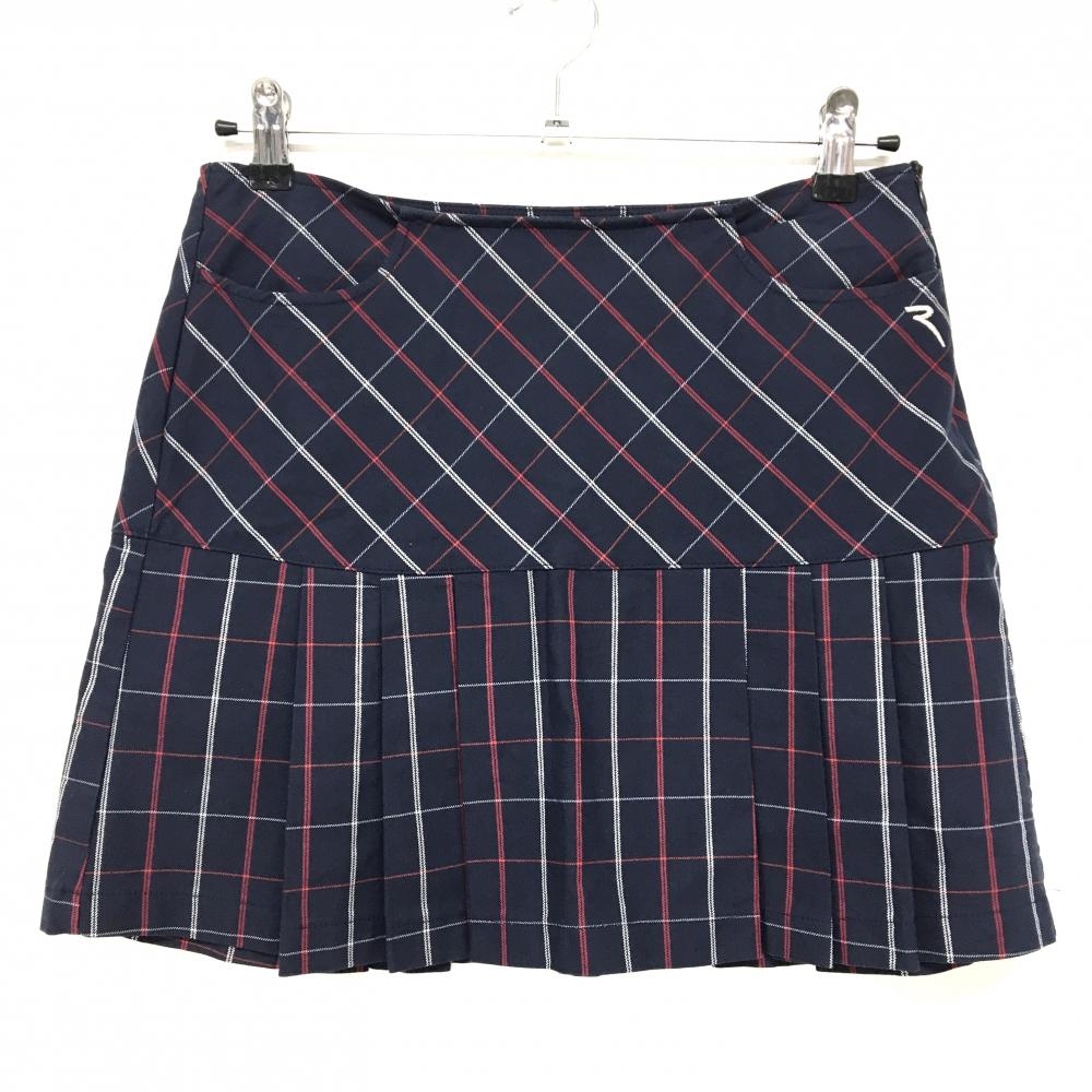 【美品】シェルボ スカート ネイビー×レッド×シルバー チェック 裾ボックスプリーツ レディース USA-S/6 ゴルフウェア CHERVO