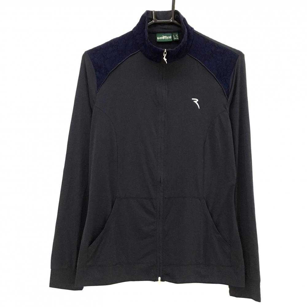 【美品】シェルボ ジャケット ダークネイビー ネック・肩花柄レース 薄手 レディース S ゴルフウェア CHERVO