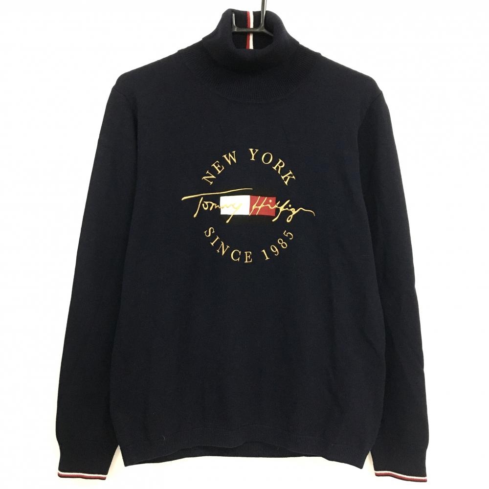 【美品】トミーヒルフィガー タートルネックセーター ネイビー×ゴールド ロゴ刺しゅうニット  メンズ L ゴルフウェア Tommy Hilfiger Golf