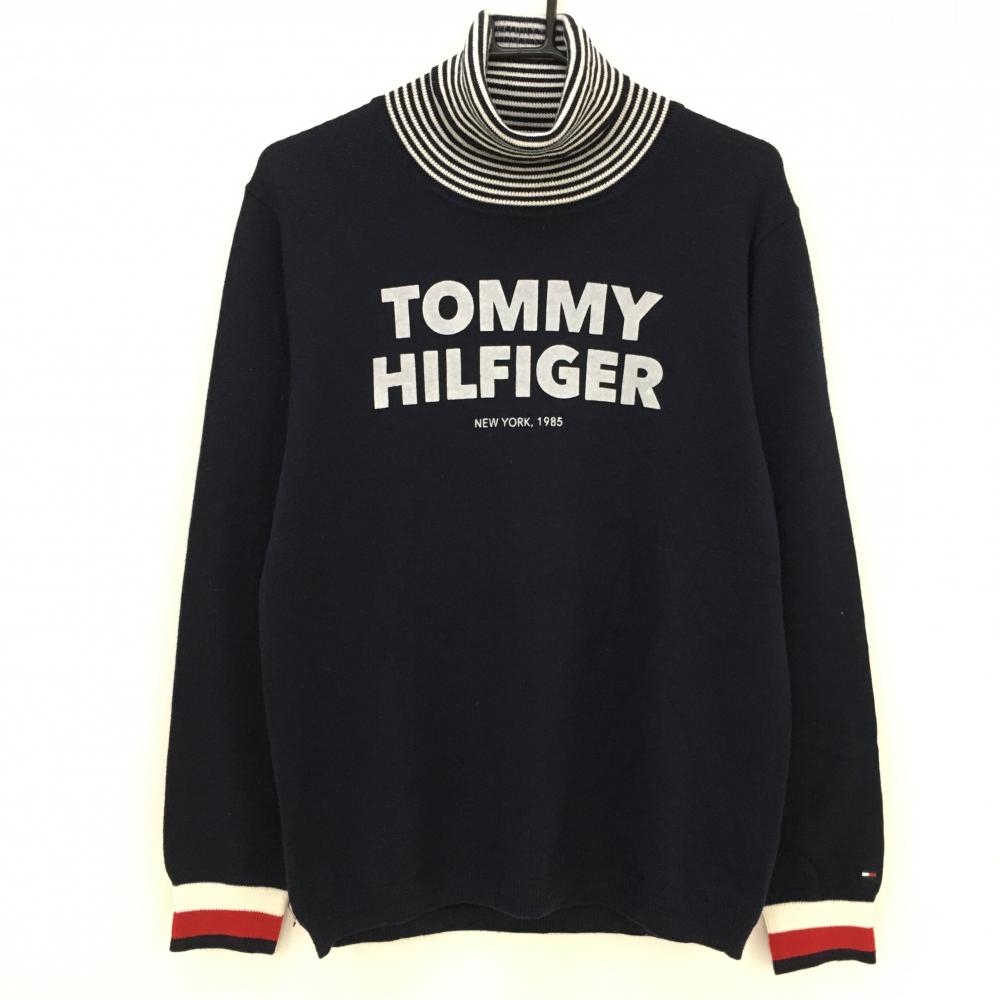 トミーヒルフィガー タートルネックセーター ネイビー×白 ネックボーダー ビッグロゴ  メンズ L ゴルフウェア Tommy Hilfiger Golf