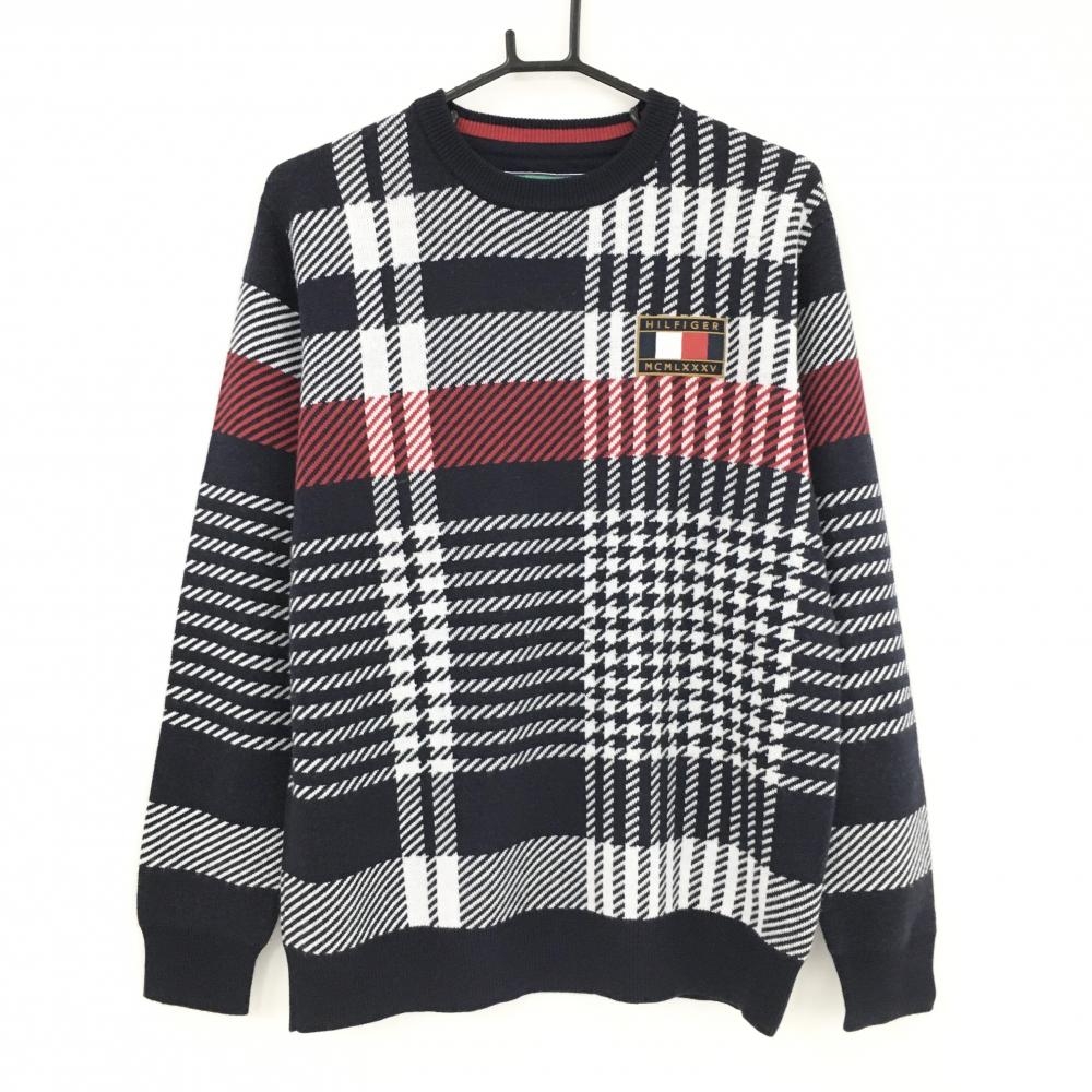 【超美品】トミーヒルフィガー セーター ネイビー×白 総柄 ロゴワッペン ウール混 メンズ LL ゴルフウェア Tommy Hilfiger Golf