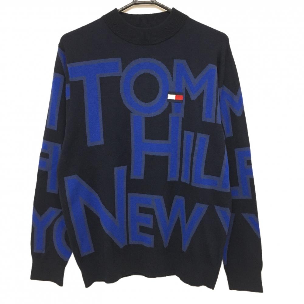 【美品】トミーヒルフィガーゴルフ ハイネックセーター ネイビー×ブルー ロゴ総柄 ニット メンズ L ゴルフウェア Tommy Hilfiger Golf