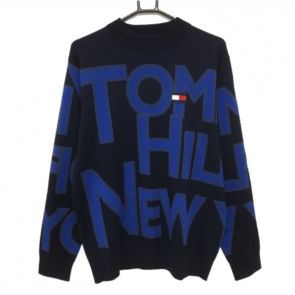 【美品】トミーヒルフィガー セーター ネイビー×ブルー ロゴ総柄 ニット メンズ LL ゴルフウェア Tommy Hilfiger Golf