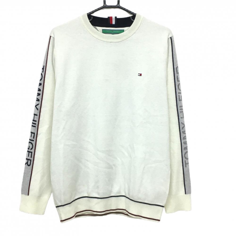 【超美品】トミーヒルフィガーゴルフ セーター 白×ライトグレー 肩ロゴライン ウール混 メンズ LL ゴルフウェア Tommy Hilfiger Golf