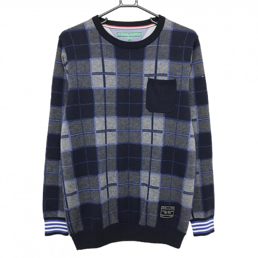 トミーヒルフィガーゴルフ セーター グレー×ネイビー チェック ウール混 裏地付 ニット メンズ L ゴルフウェア Tommy Hilfiger Golf