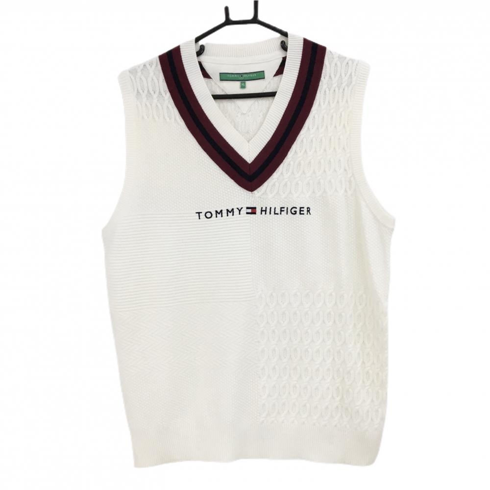 トミーヒルフィガーゴルフ ニットベスト 白×ボルドー Vネック ロゴ刺しゅう メンズ XL ゴルフウェア Tommy Hilfiger Golf