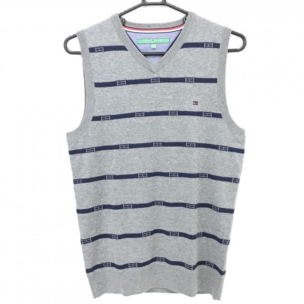 【美品】トミーヒルフィガー ニットベスト グレー×ネイビー ボーダー風 Vネック メンズ M ゴルフウェア Tommy Hilfiger Golf