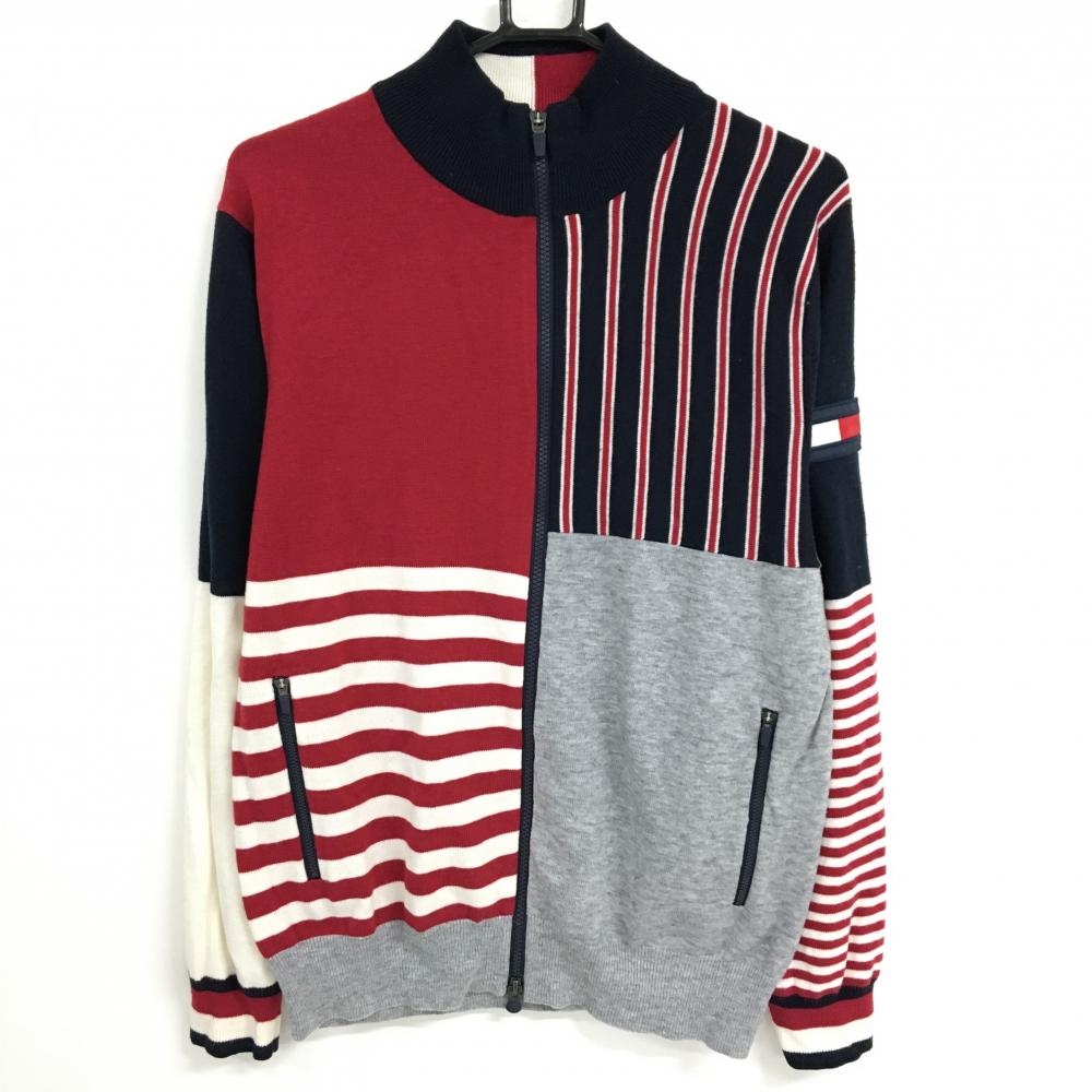 【美品】トミーヒルフィガーゴルフ ニットジャケット レッド×ネイビー ボーダー ストライプ メンズ LL ゴルフウェア Tommy Hilfiger Golf