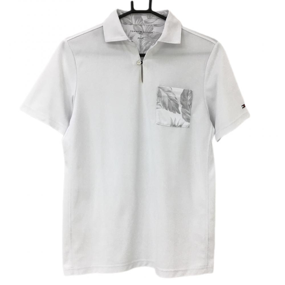 トミーヒルフィガーゴルフ 半袖スキッパーシャツ 白 胸ポケットリーフ柄  メンズ M ゴルフウェア Tommy Hilfiger Golf