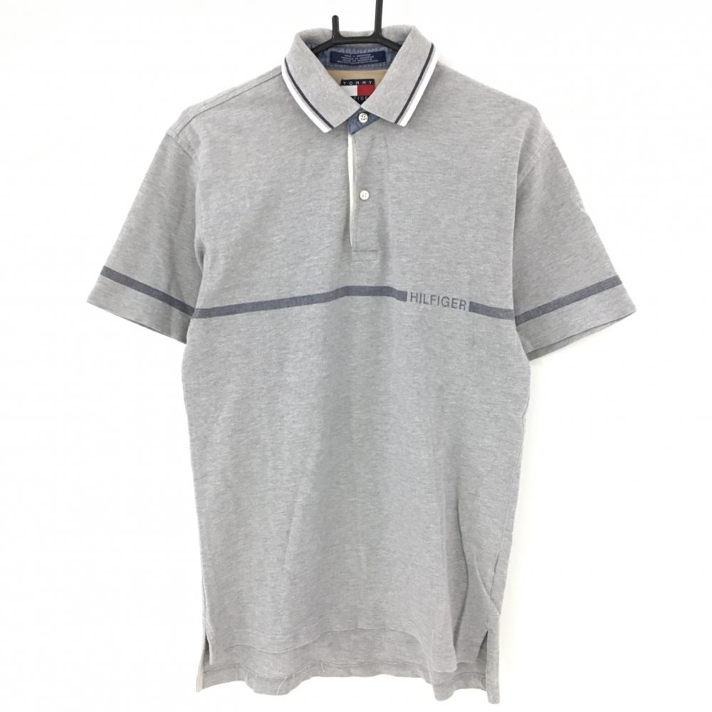 トミーヒルフィガー 半袖ポロシャツ グレー×ネイビー ロゴプリント メンズ S ゴルフウェア Tommy Hilfiger Golf