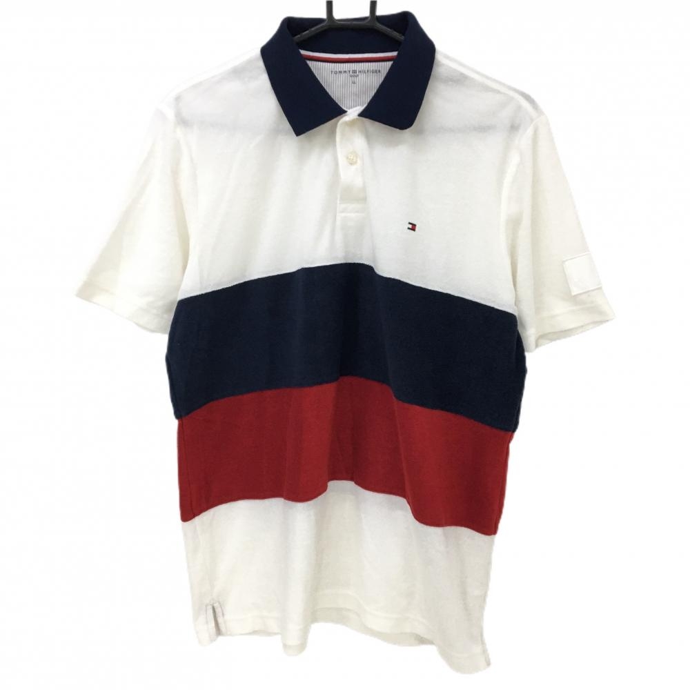 【美品】トミーヒルフィガーゴルフ 半袖ポロシャツ 白×ネイビー×レッド パイル地 メンズ LL ゴルフウェア Tommy Hilfiger Golf