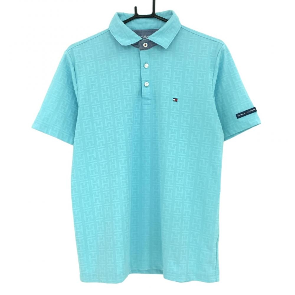 トミーヒルフィガー 半袖ポロシャツ ライトブルー 総柄 凹凸生地 トリコロール メンズ LL ゴルフウェア Tommy Hilfiger Golf