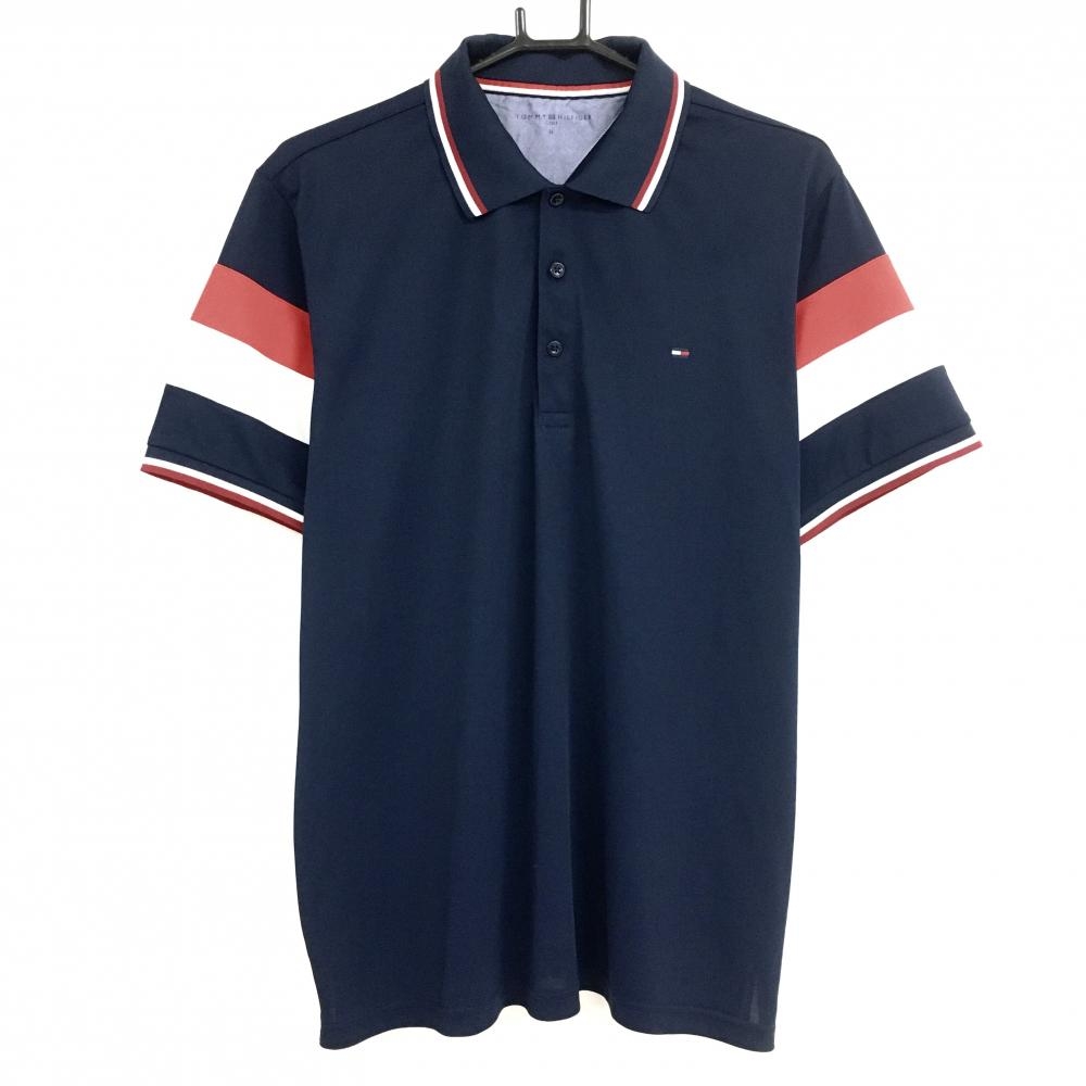 【美品】トミーヒルフィガーゴルフ 半袖ポロシャツ ネイビー 襟ライン 胸元ロゴ メンズ LL ゴルフウェア Tommy Hilfiger Golf