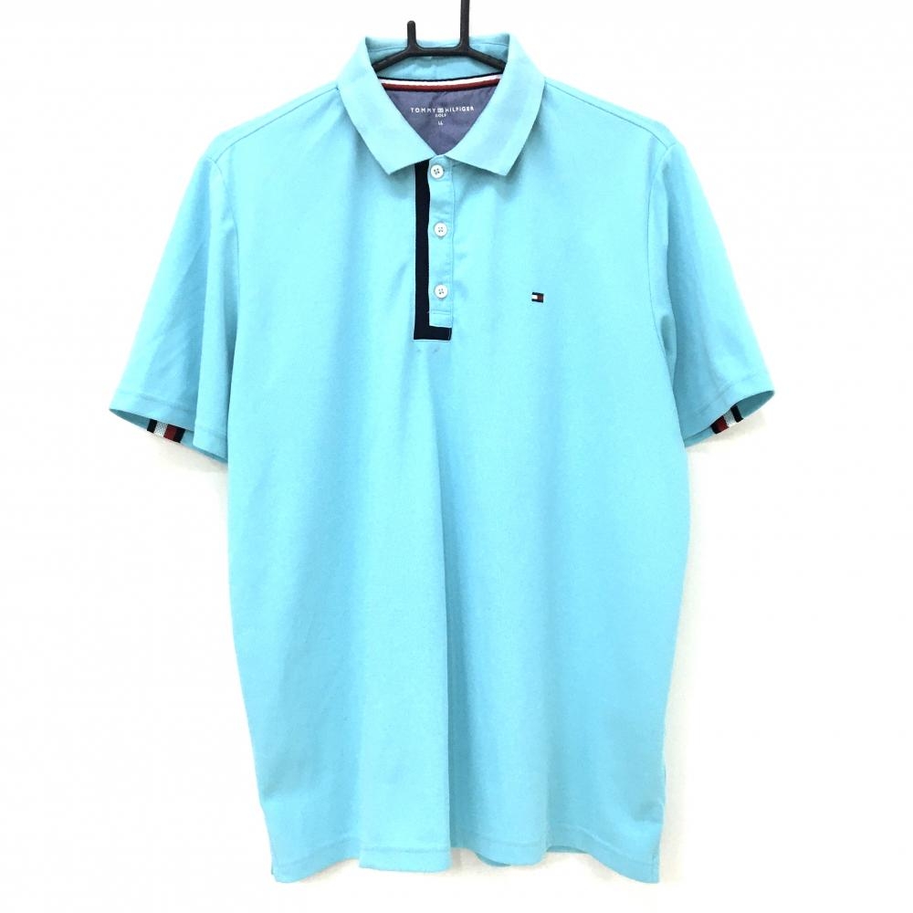 トミーヒルフィガーゴルフ 半袖ポロシャツ ライトブルー×ネイビー 後ろロゴライン メンズ LL ゴルフウェア Tommy Hilfiger Golf