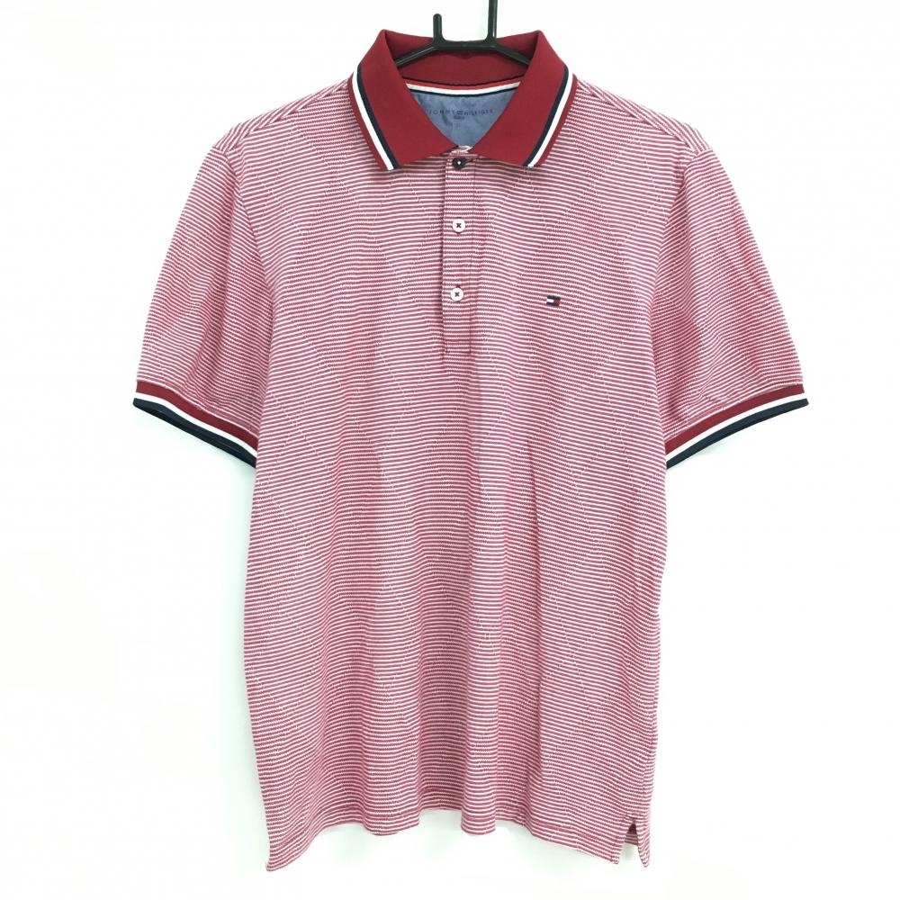 【美品】トミーヒルフィガーゴルフ 半袖ポロシャツ レッド×白 ボーダー アーガイル メンズ LL ゴルフウェア Tommy Hilfiger Golf