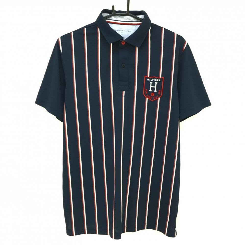 【美品】トミーヒルフィガーゴルフ 半袖ポロシャツ ネイビー×レッド×白 前身頃ストライプ メンズ LL ゴルフウェア Tommy Hilfiger Golf