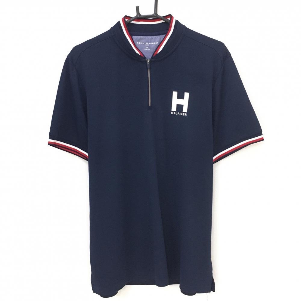 【超美品】トミーヒルフィガーゴルフ 半袖ポロシャツ ネイビー×レッド スタンドカラー  メンズ XL ゴルフウェア Tommy Hilfiger Golf