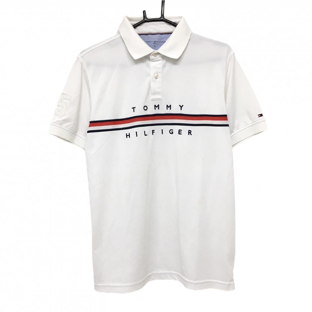 トミーヒルフィガーゴルフ 半袖ポロシャツ 白×ネイビー×レッド フロントロゴ  メンズ LL ゴルフウェア Tommy Hilfiger Golf