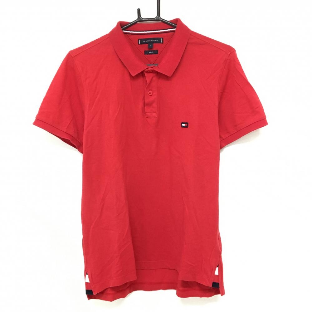トミーヒルフィガー 半袖ポロシャツ レッド×ネイビー ロゴワッペン メンズ M ゴルフウェア Tommy Hilfiger Golf