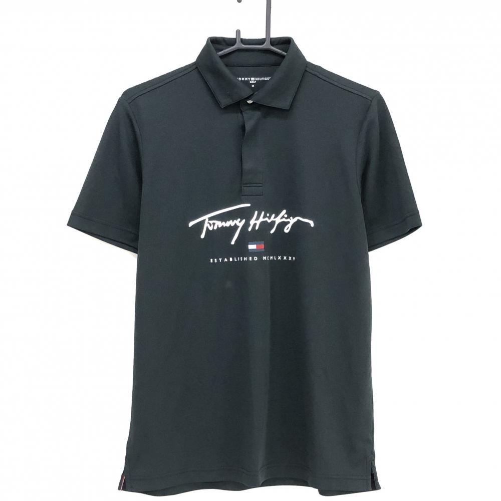 【美品】トミーヒルフィガーゴルフ 半袖ポロシャツ 黒×白 フロントロゴ スナップボタン  メンズ M ゴルフウェア Tommy Hilfiger Golf