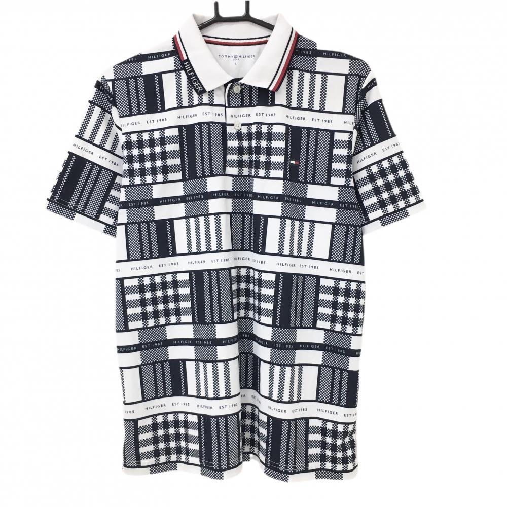 トミーヒルフィガーゴルフ 半袖ポロシャツ 白×ネイビー グレンチェック風 メンズ L ゴルフウェア Tommy Hilfiger Golf