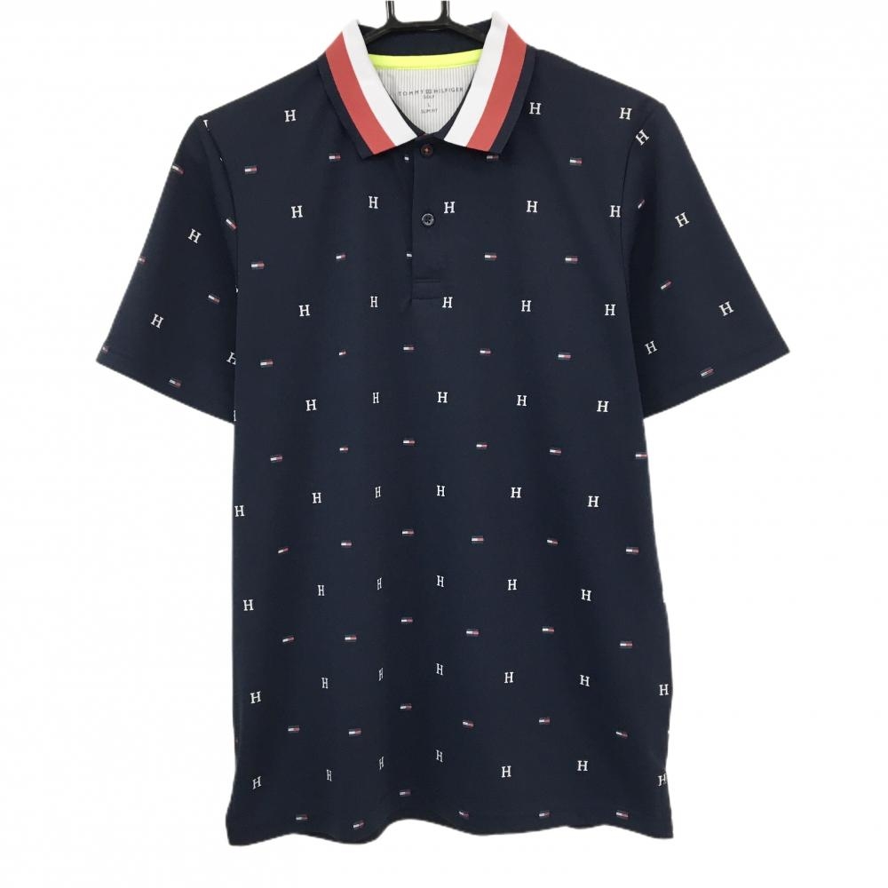 【美品】トミーヒルフィガーゴルフ 半袖ポロシャツ ネイビー×白 ロゴ総柄 メンズ L ゴルフウェア Tommy Hilfiger Golf