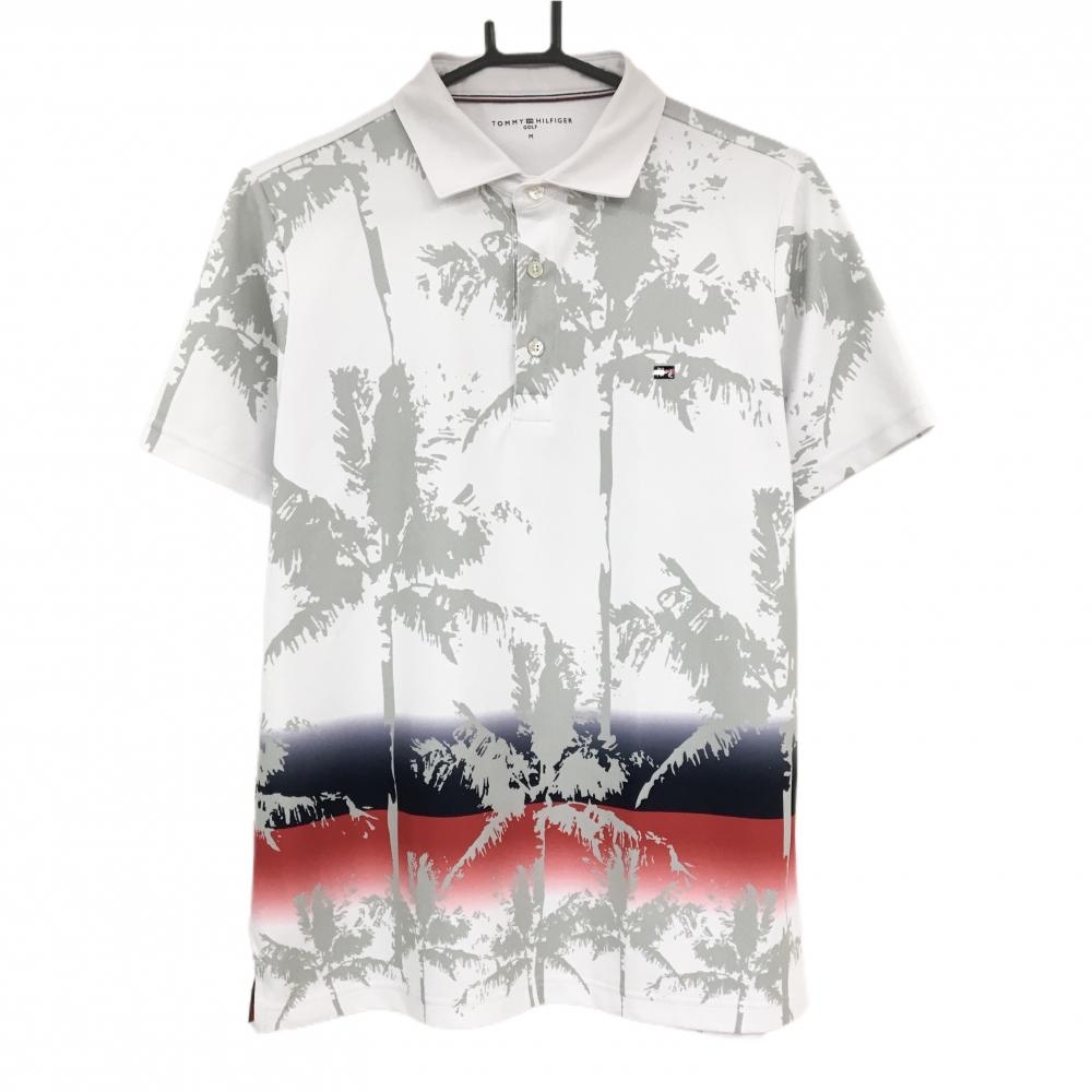 トミーヒルフィガー 半袖ポロシャツ 白×グレー×レッド 総柄 メンズ M ゴルフウェア Tommy Hilfiger Golf