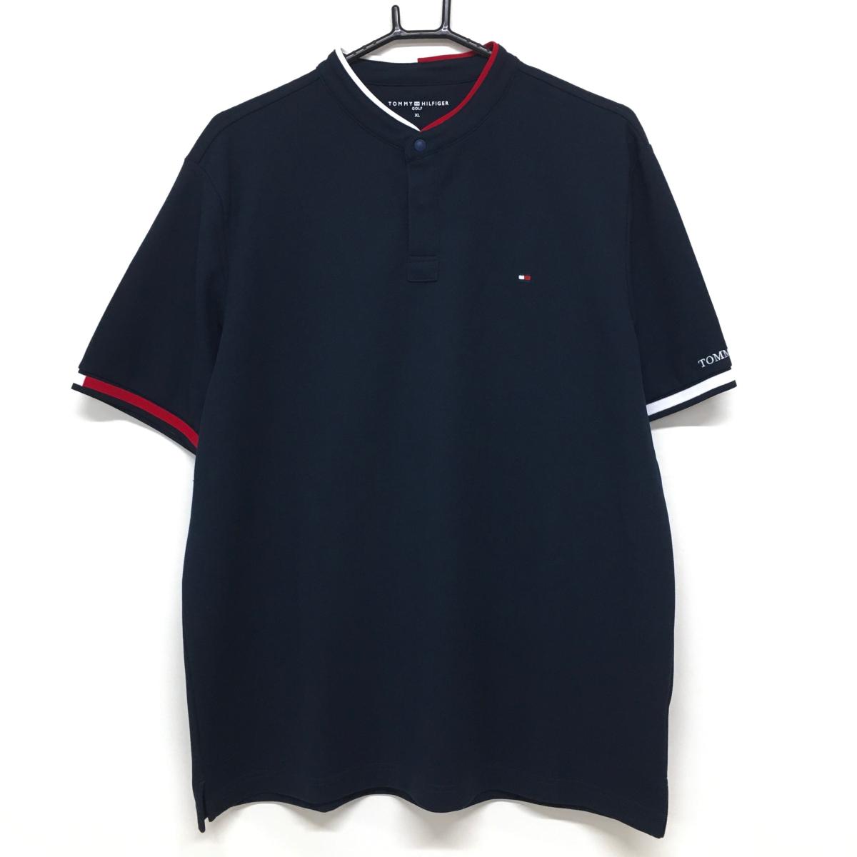 トミーヒルフィガー 半袖ポロシャツ ネイビー×レッド×白 スタンドカラー スナップボタン メンズ XL ゴルフウェア Tommy Hilfiger Golf
