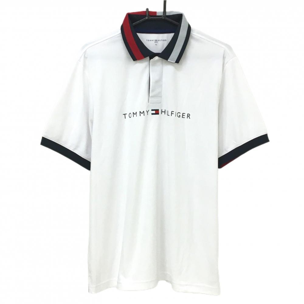 【超美品】トミーヒルフィガー 半袖ポロシャツ 白×ネイビー ロゴプリント メンズ XL ゴルフウェア Tommy Hilfiger Golf
