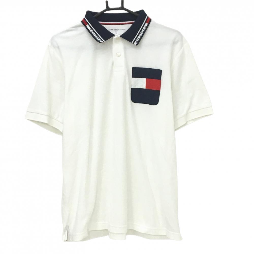 トミーヒルフィガー 半袖ポロシャツ 白×ネイビー パイル地 胸ポケット メンズ XL ゴルフウェア Tommy Hilfiger Golf