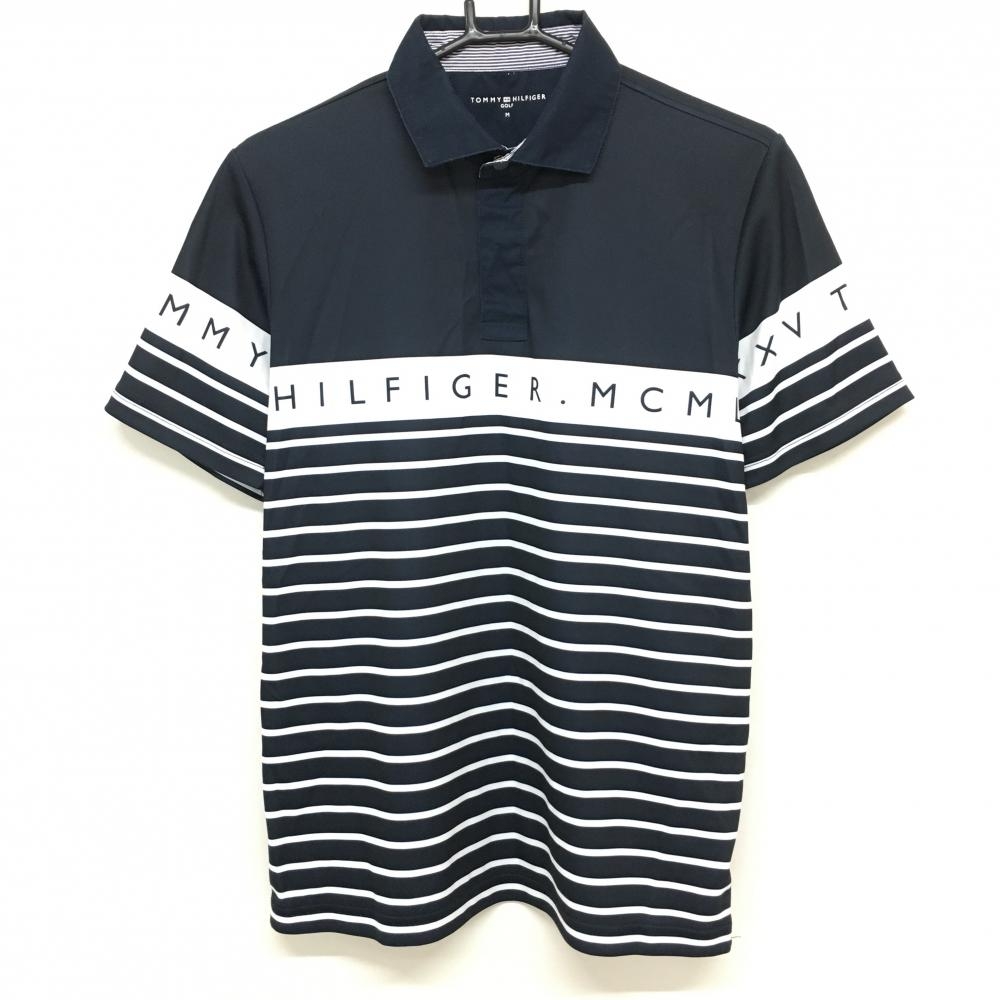 【美品】トミーヒルフィガー 半袖ポロシャツ ネイビー×白 ボーダー スナップボタン メンズ 2(L) ゴルフウェア Tommy Hilfiger Golf