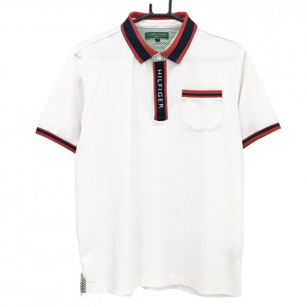 トミーヒルフィガー 半袖ポロシャツ 白×ネイビー 襟・袖口ライン 胸ポケット メンズ M ゴルフウェア Tommy Hilfiger Golf