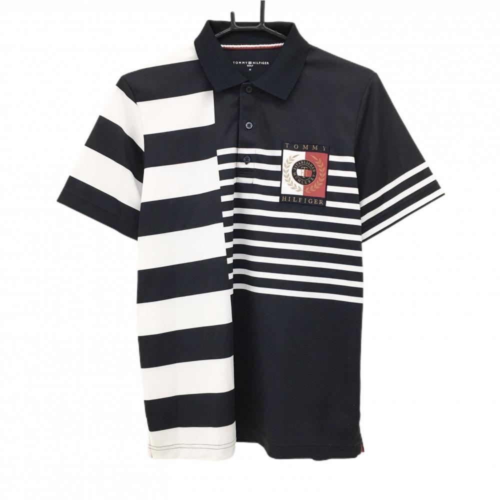 【美品】トミーヒルフィガー 半袖ポロシャツ ネイビー×白 ボーダー風  メンズ M ゴルフウェア Tommy Hilfiger Golf