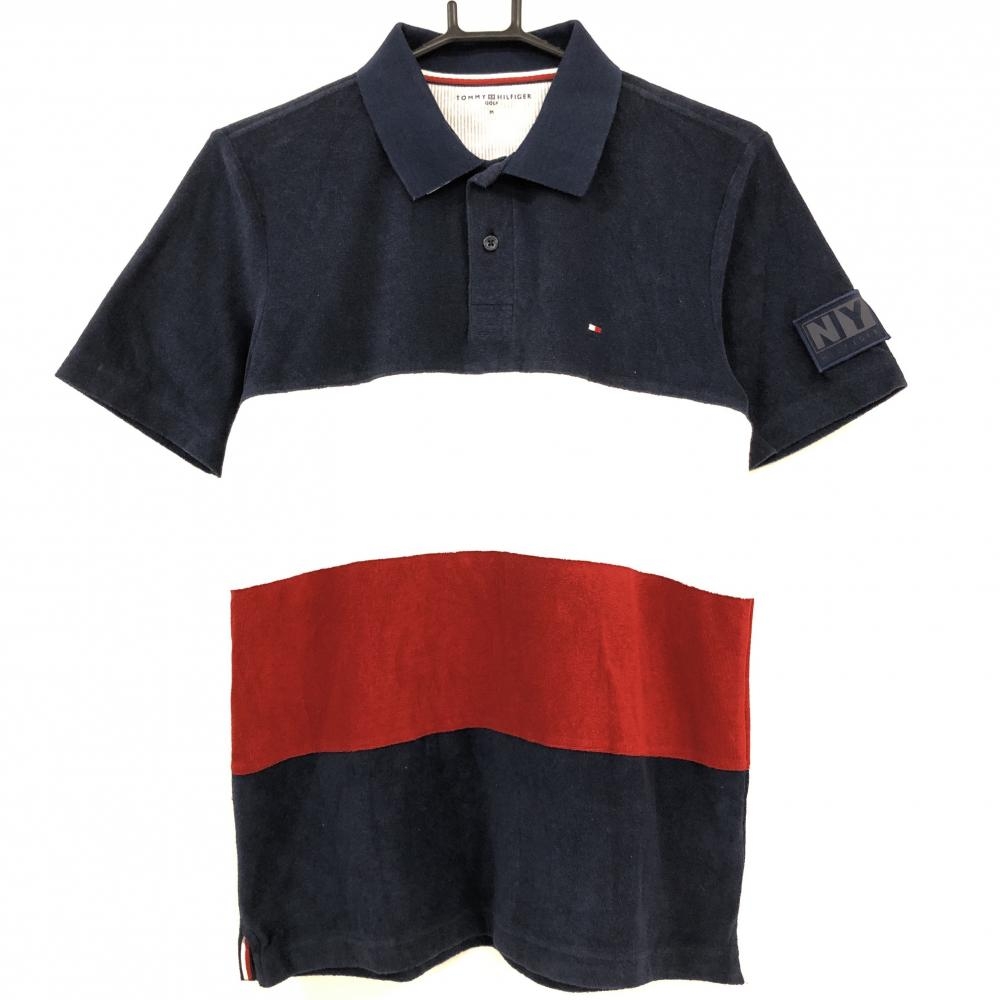 トミーヒルフィガーゴルフ 半袖ポロシャツ ネイビー×白×レッド パイル地 ロゴ刺しゅう メンズ M ゴルフウェア Tommy Hilfiger Golf