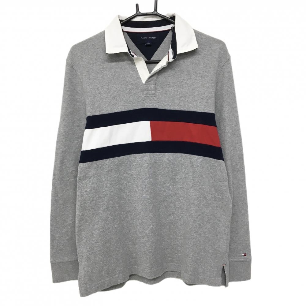 トミーヒルフィガー 長袖スキッパーシャツ グレー×ネイビー 襟裏刺しゅう  メンズ M ゴルフウェア Tommy Hilfiger Golf