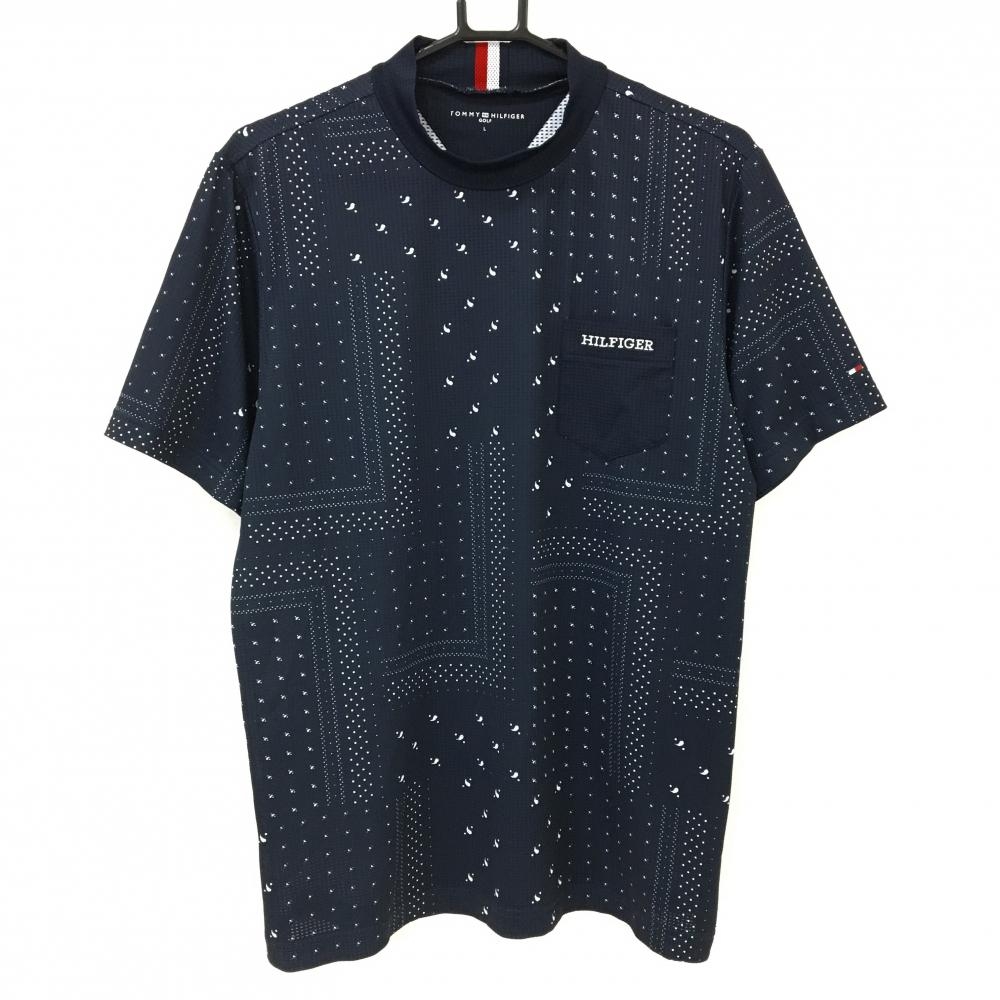 【美品】トミーヒルフィガー 半袖ハイネックシャツ ネイビー×白 バンダナ柄  メンズ L ゴルフウェア 2025年モデル Tommy Hilfiger Golf