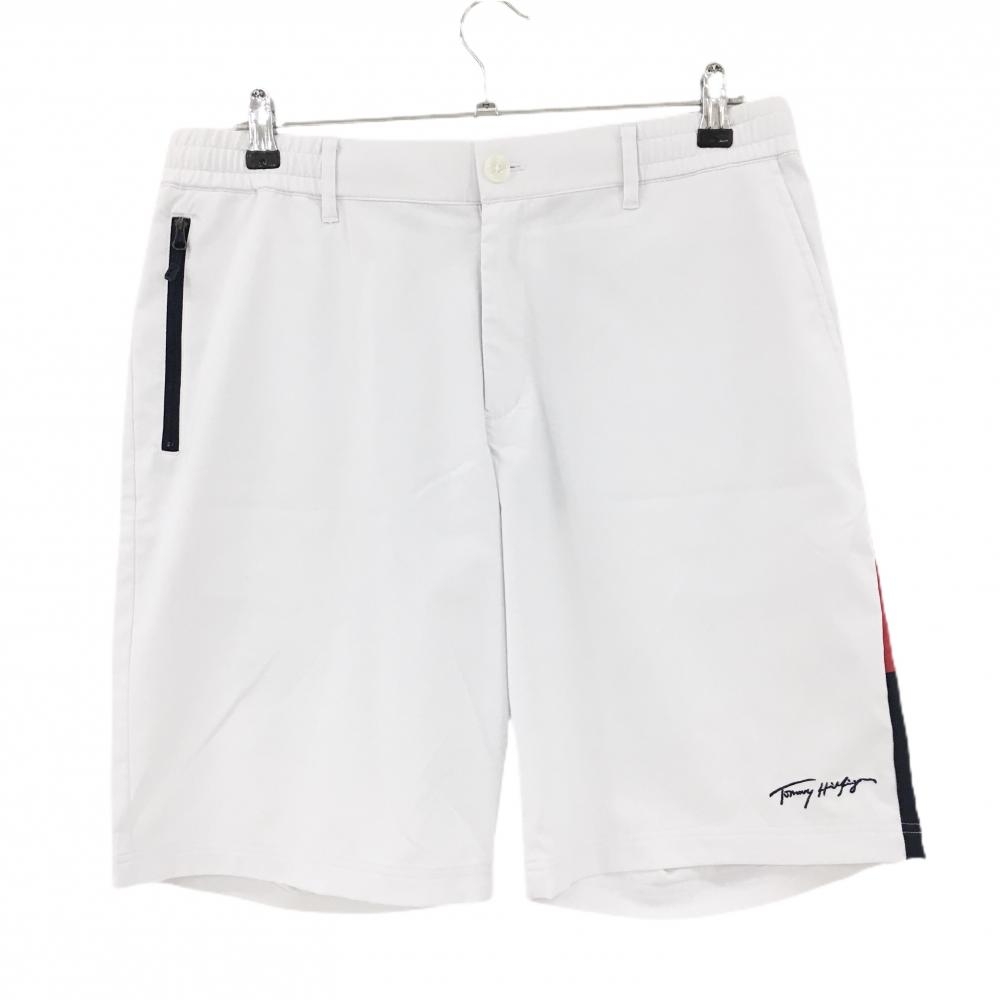 【美品】トミーヒルフィガー ハーフパンツ 白×ネイビー×レッド 裾ロゴ刺しゅう  メンズ XL ゴルフウェア Tommy Hilfiger Golf