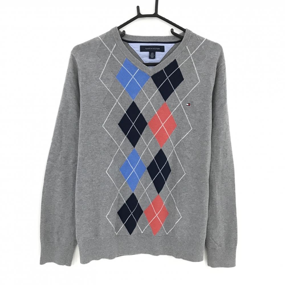 トミーヒルフィガー セーター グレー×ネイビー 前面アーガイル柄 コットン100％ ニット メンズ L/G ゴルフウェア Tommy Hilfiger Golf