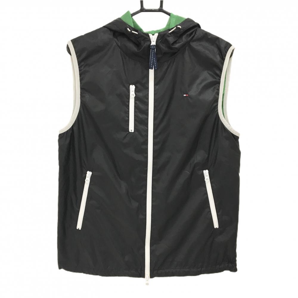 【超美品】トミーヒルフィガーゴルフ フード付きアウターベスト 黒×白 裏地メッシュ  メンズ L ゴルフウェア Tommy Hilfiger Golf