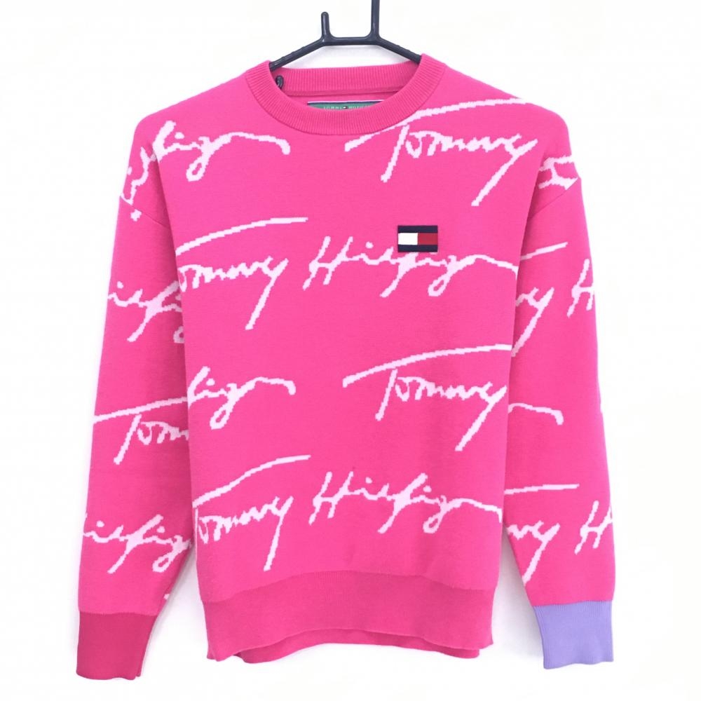 【美品】トミーヒルフィガー セーター ピンク×白 ロゴ総柄 ワッペン ニット レディース S ゴルフウェア Tommy Hilfiger Golf