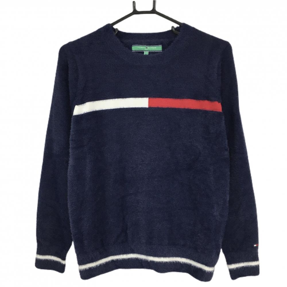 【超美品】トミーヒルフィガーゴルフ セーター ネイビー×レッド シャギーニット ウール混 レディース L ゴルフウェア Tommy Hilfiger Golf