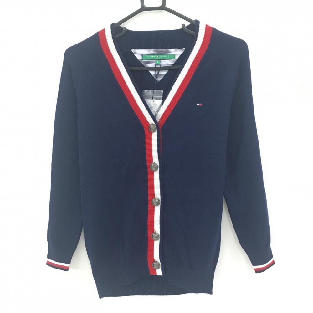 【新品】トミーヒルフィガーゴルフ ニットカーディガン ネイビー×レッド×白 胸ロゴ レディース L ゴルフウェア Tommy Hilfiger Golf
