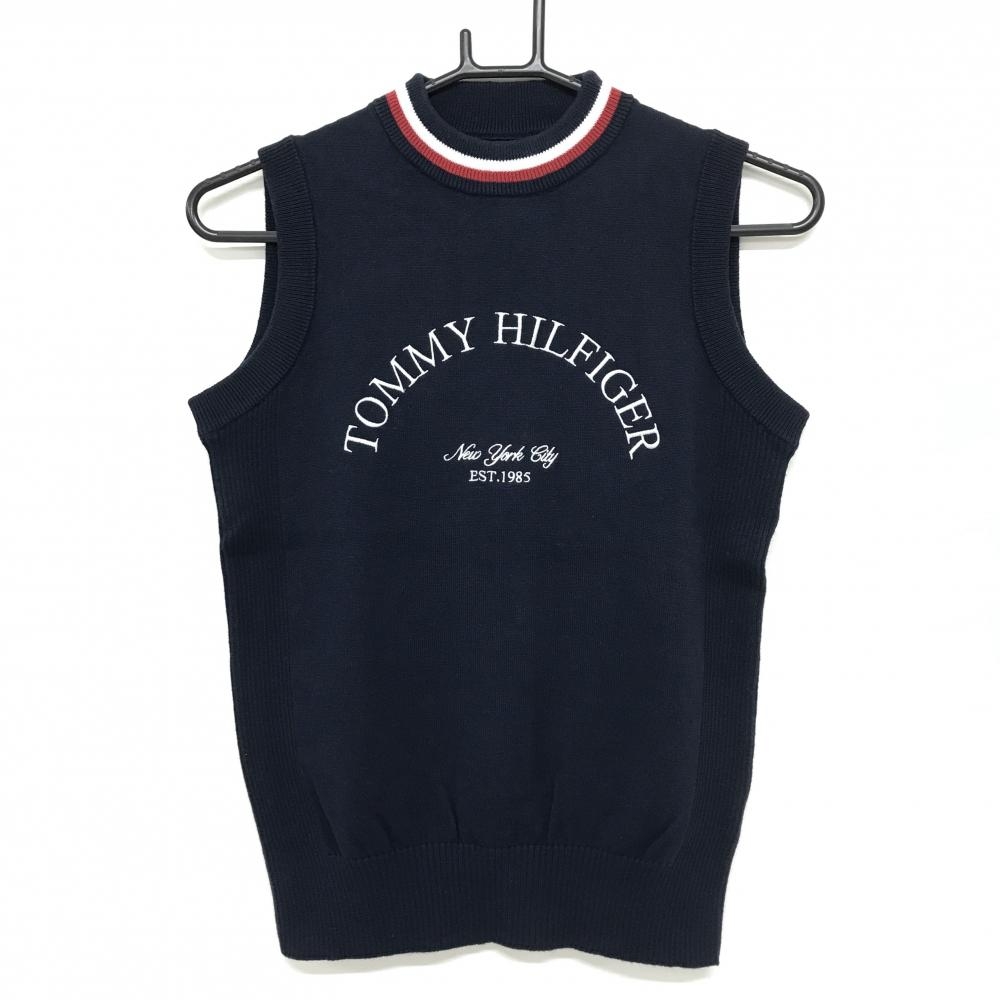 【美品】トミーヒルフィガー ニットベスト ネイビー×白 フロントロゴ ウール混  レディース S ゴルフウェア Tommy Hilfiger Golf