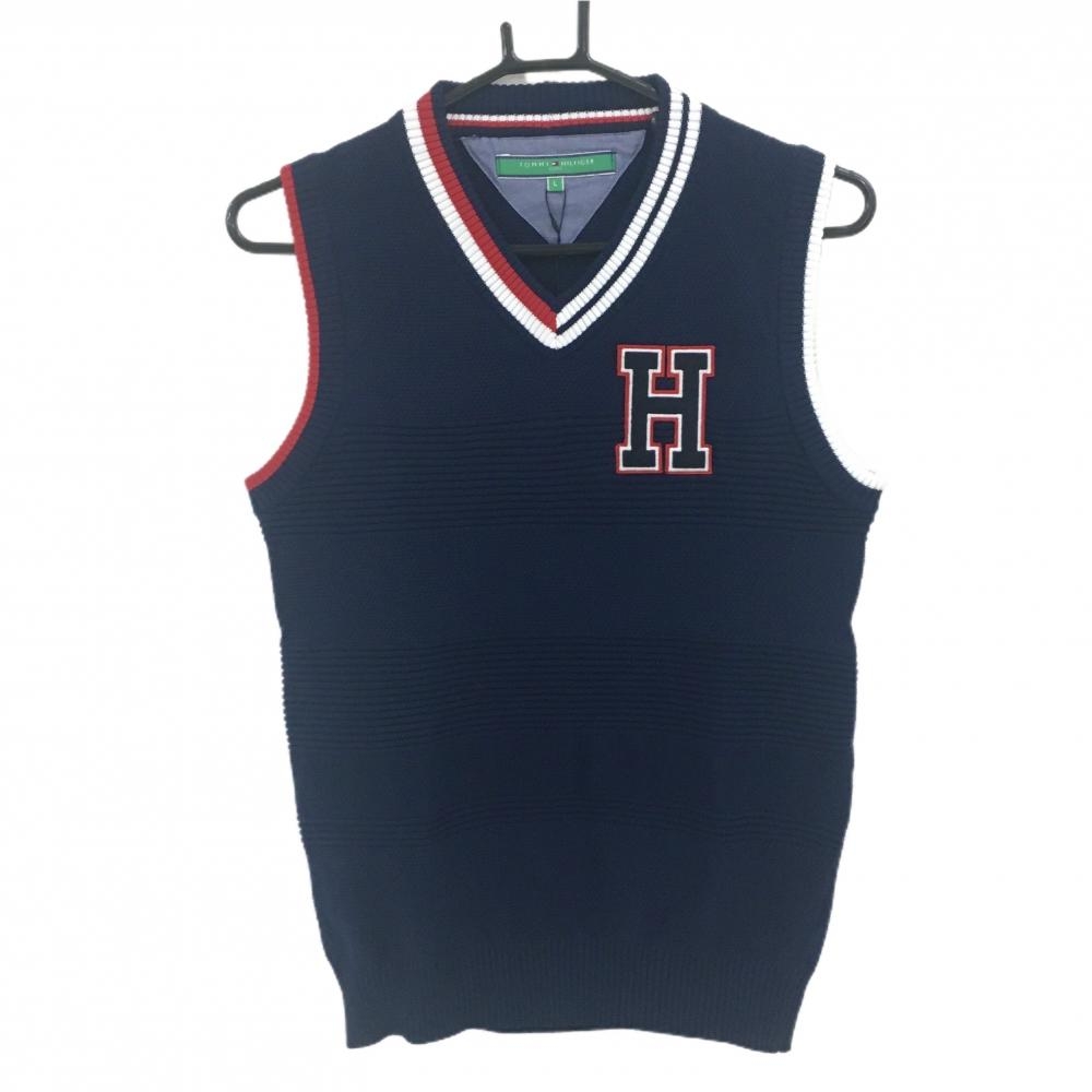 【新品】トミーヒルフィガーゴルフ ニットベスト ネイビー×レッド×白 胸ロゴワッペン レディース L ゴルフウェア Tommy Hilfiger Golf