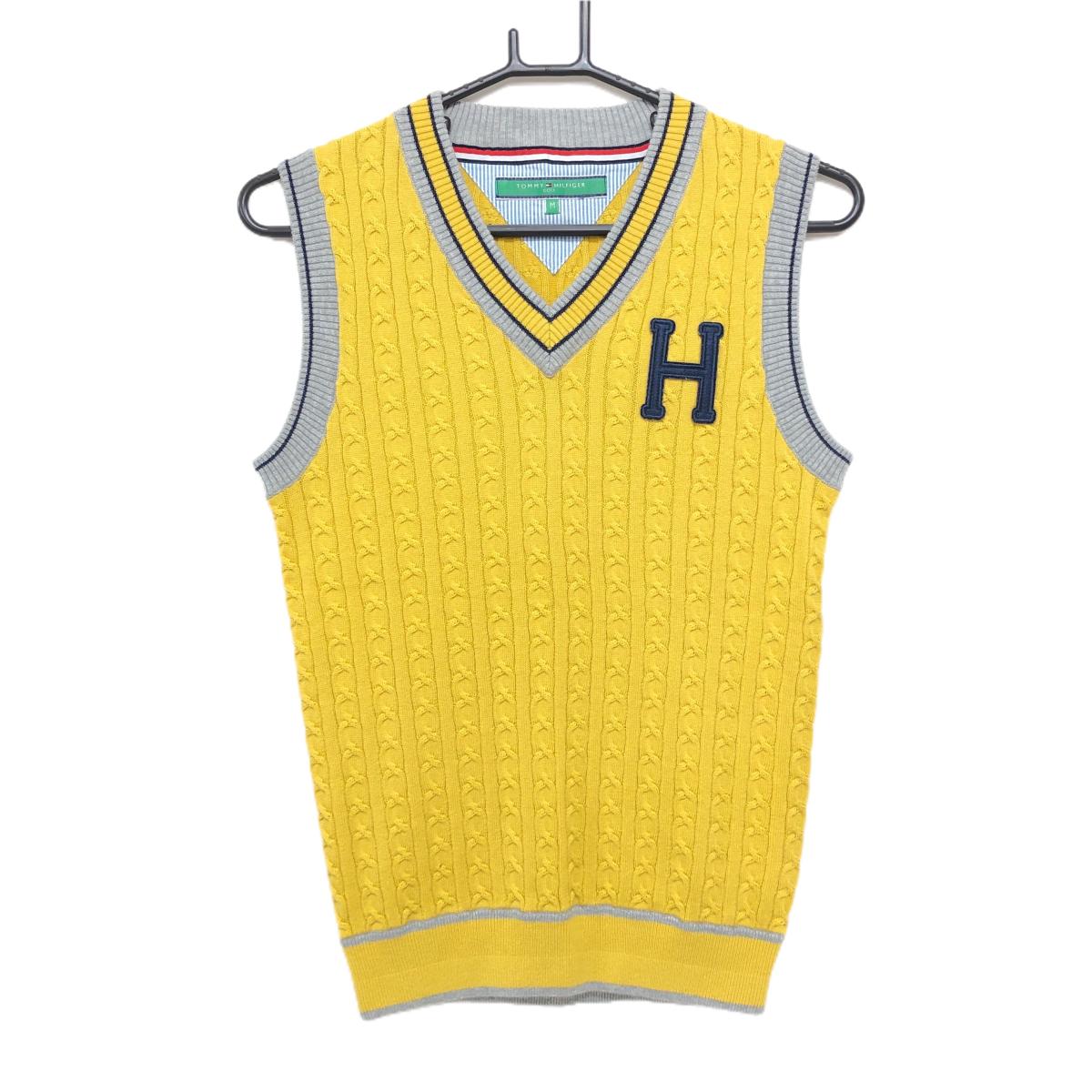 【超美品】トミーヒルフィガーゴルフ ニットベスト イエロー×グレー ケーブル編み レディース M ゴルフウェア Tommy Hilfiger Golf