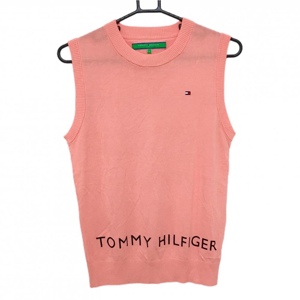 【超美品】トミーヒルフィガー ニットベスト サーモンピンク 後ボーダー風 薄手 レディース L ゴルフウェア Tommy Hilfiger Golf