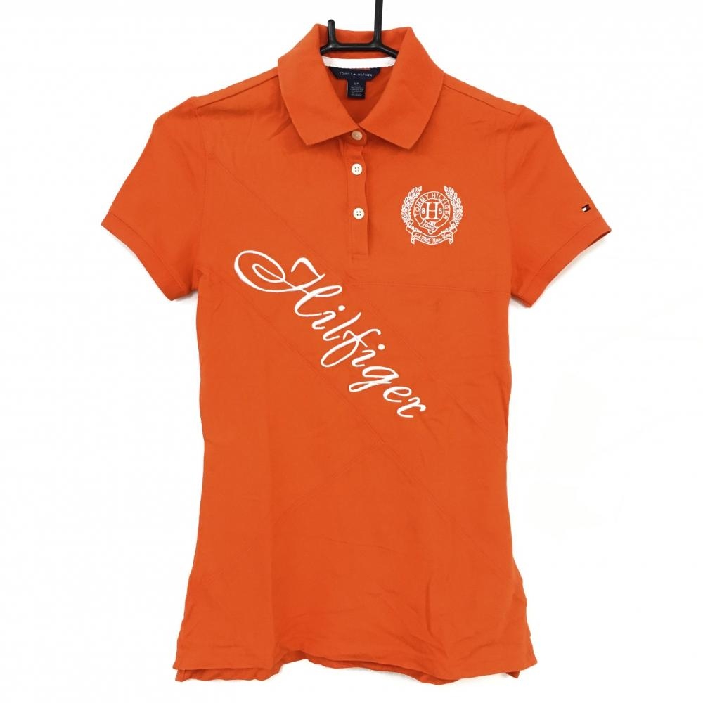 Tommy Hilfiger Golf トミーヒルフィガー 半袖ポロシャツ オレンジ×白 ロゴ刺繍 コットン混  レディース S/P ゴルフウェア