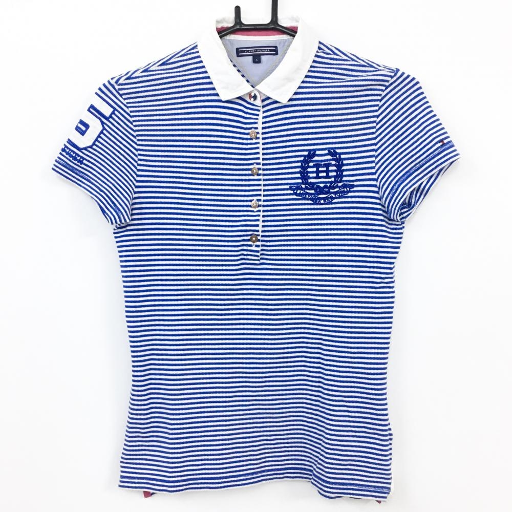 Tommy Hilfiger Golf トミーヒルフィガー 半袖ポロシャツ  ブルー×白 ボーダー 立体ロゴ刺しゅう レディース S ゴルフウェア